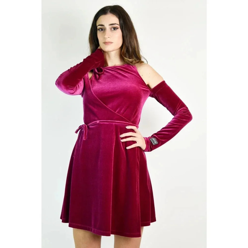 Versace Couture Open Shoulder holiday Velvet Wrap Mini Dress Pink Size 8